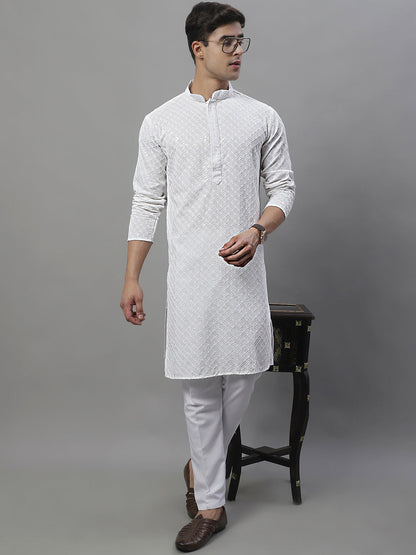 Jompers Men's White Chikankari Embroidered and Sequence Kurta with Pyjama - Distacart