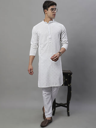 Jompers Men's White Chikankari Embroidered and Sequence Kurta with Pyjama - Distacart