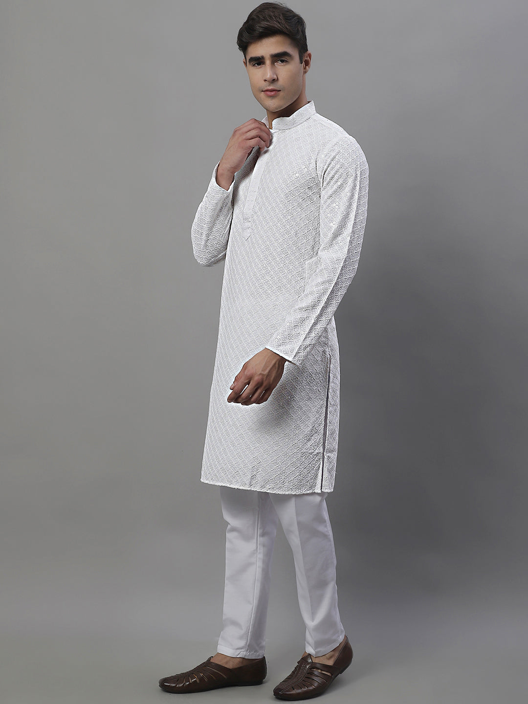Jompers Men's White Chikankari Embroidered and Sequence Kurta with Pyjama - Distacart