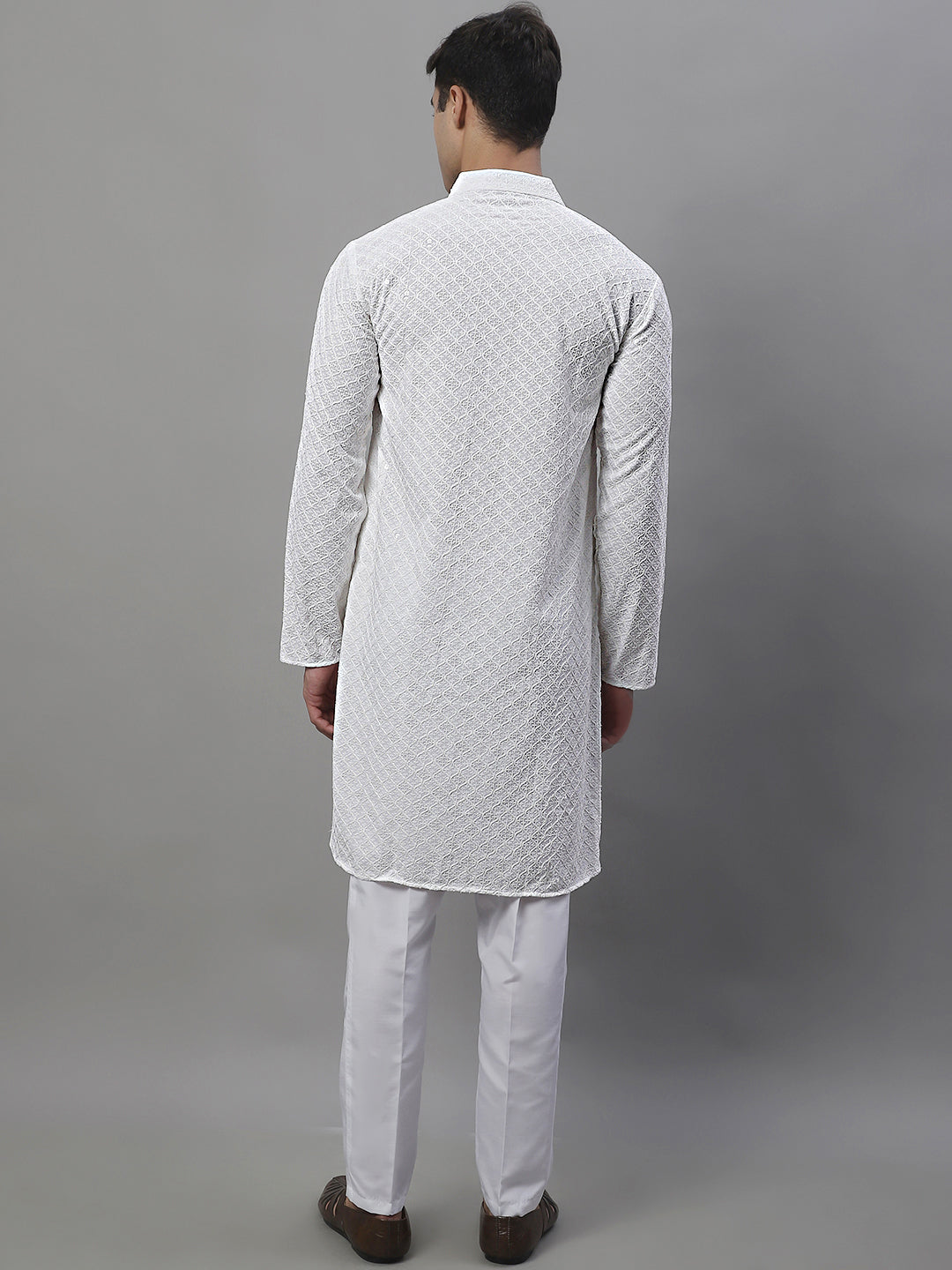 Jompers Men's White Chikankari Embroidered and Sequence Kurta with Pyjama - Distacart