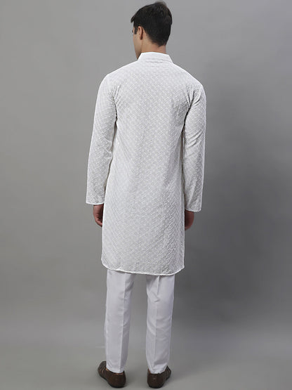 Jompers Men's White Chikankari Embroidered and Sequence Kurta with Pyjama - Distacart
