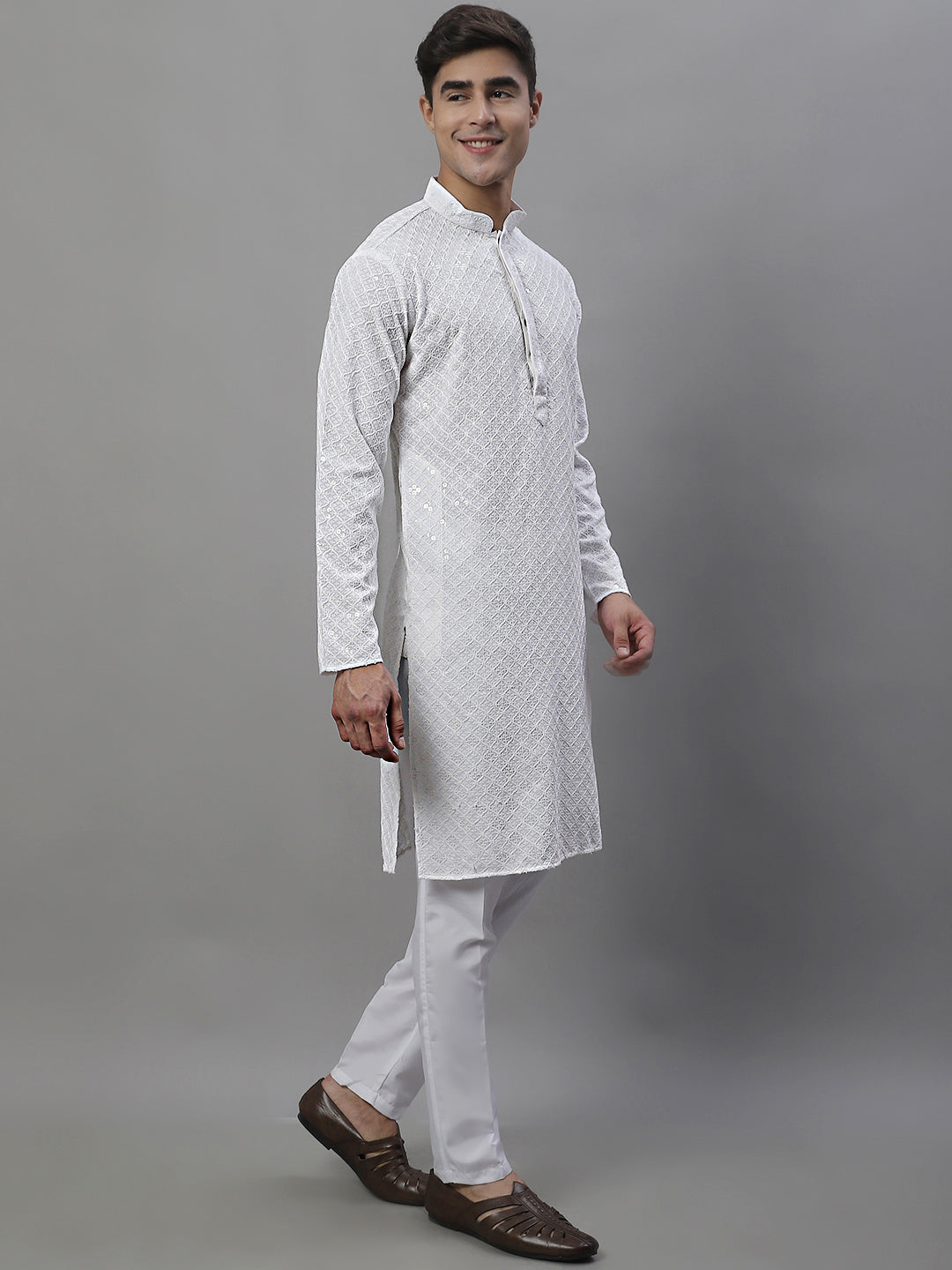 Jompers Men's White Chikankari Embroidered and Sequence Kurta with Pyjama - Distacart