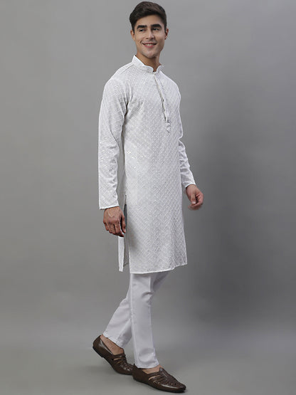 Jompers Men's White Chikankari Embroidered and Sequence Kurta with Pyjama - Distacart