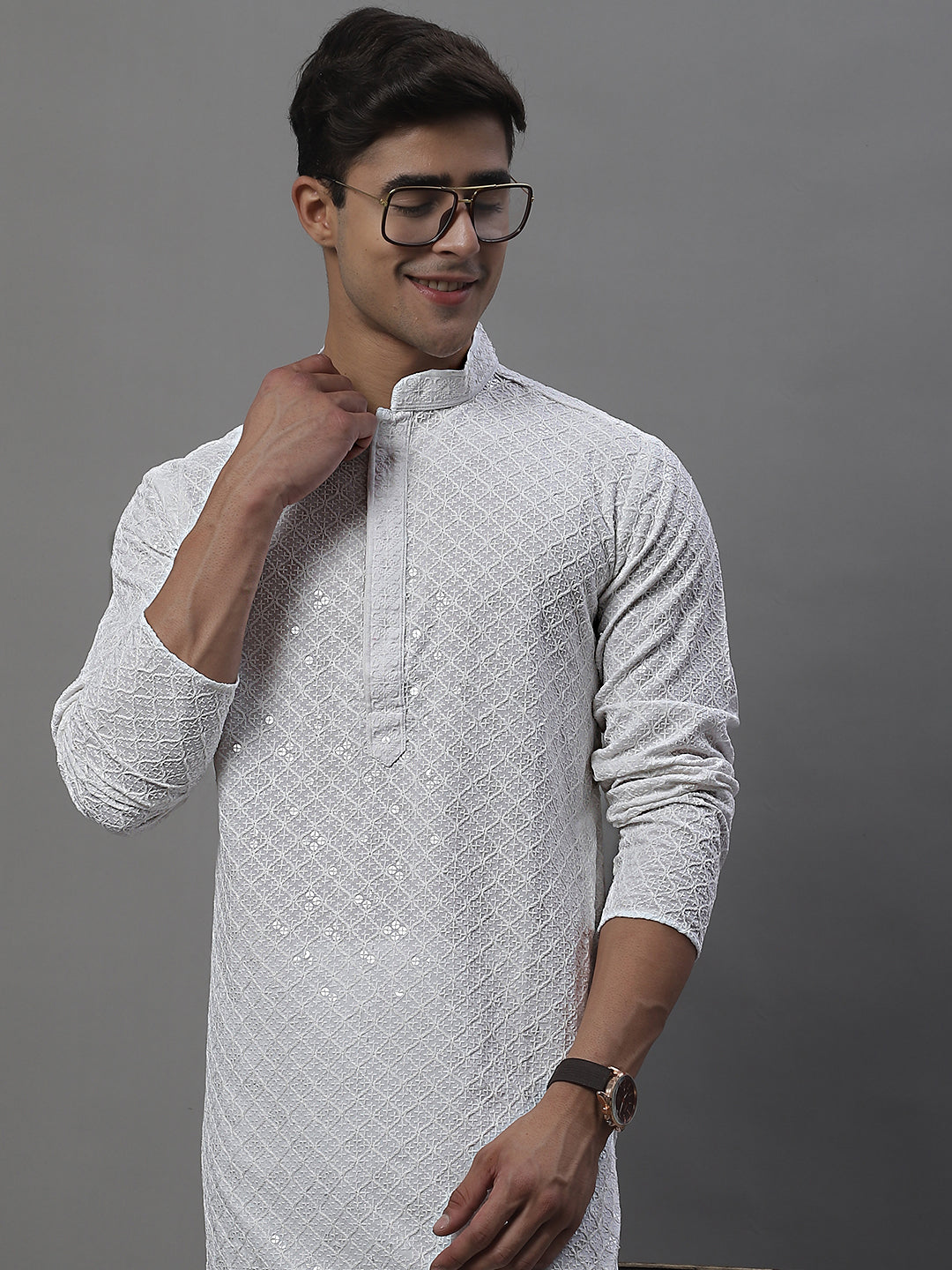 Jompers Men's White Chikankari Embroidered and Sequence Kurta with Pyjama - Distacart