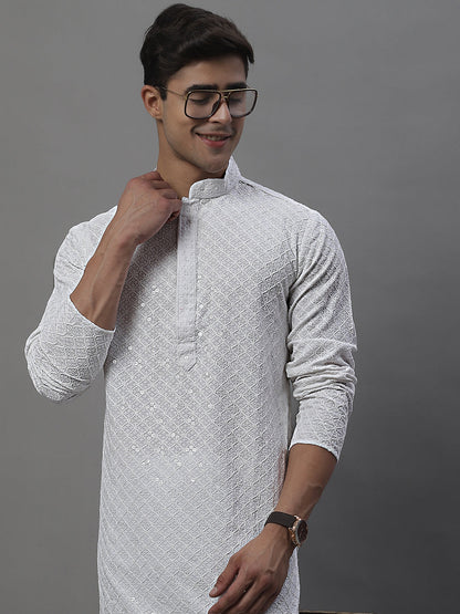 Jompers Men's White Chikankari Embroidered and Sequence Kurta with Pyjama - Distacart