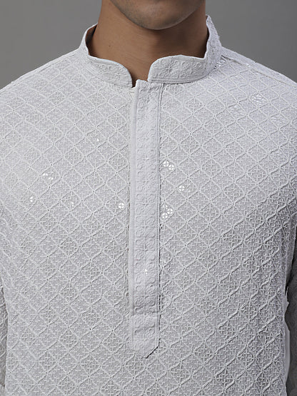 Jompers Men's White Chikankari Embroidered and Sequence Kurta with Pyjama - Distacart
