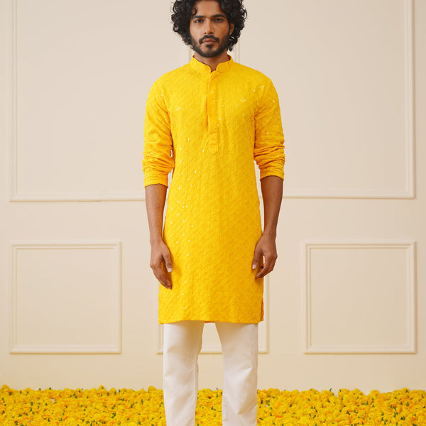 Jompers Men's Yellow Chikankari Embroidered and Sequence Kurta with Pyjama - Distacart