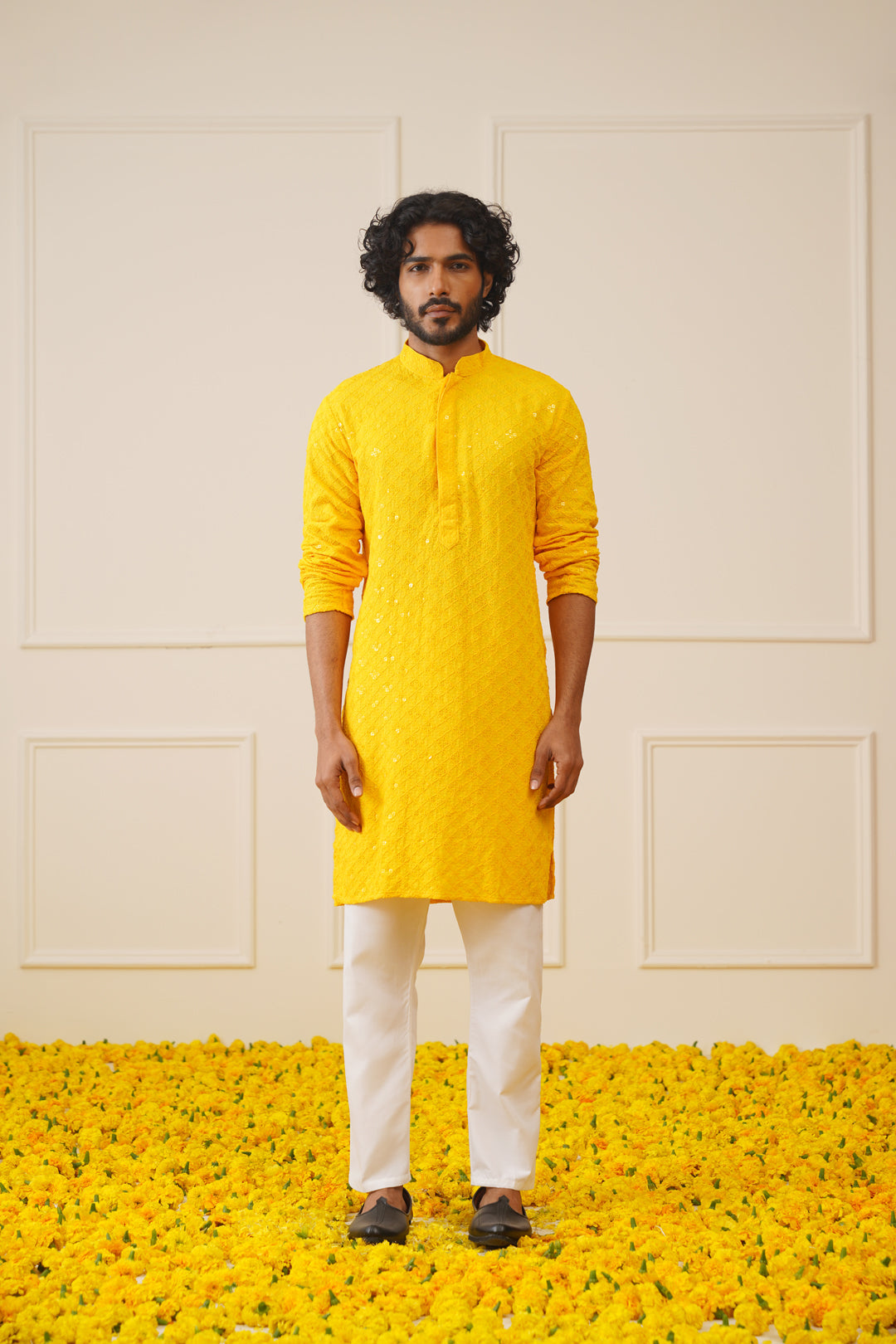 Jompers Men's Yellow Chikankari Embroidered and Sequence Kurta with Pyjama - Distacart