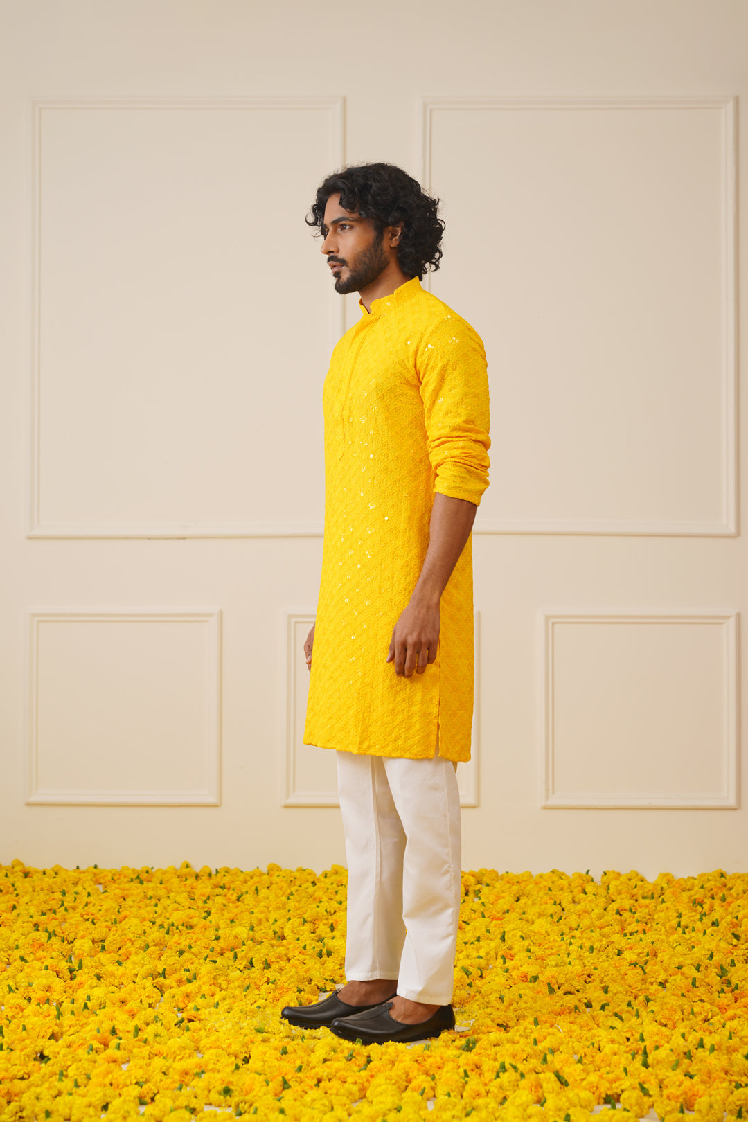 Jompers Men's Yellow Chikankari Embroidered and Sequence Kurta with Pyjama - Distacart