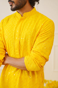 Thumbnail for Jompers Men's Yellow Chikankari Embroidered and Sequence Kurta with Pyjama - Distacart