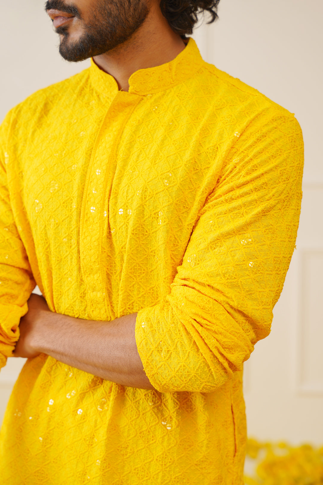 Jompers Men's Yellow Chikankari Embroidered and Sequence Kurta - Distacart