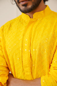 Thumbnail for Jompers Men's Yellow Chikankari Embroidered and Sequence Kurta with Pyjama - Distacart
