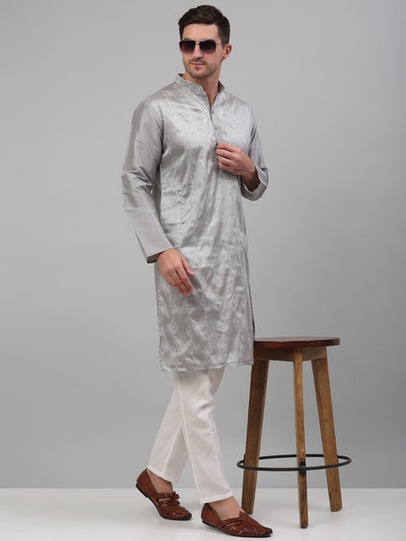 Jompers Men's Grey Embroidered Kurta with Pyjama - Distacart