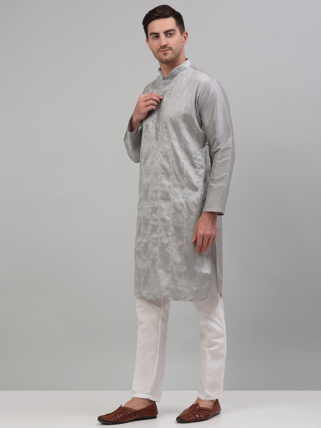 Jompers Men's Grey Embroidered Kurta with Pyjama - Distacart
