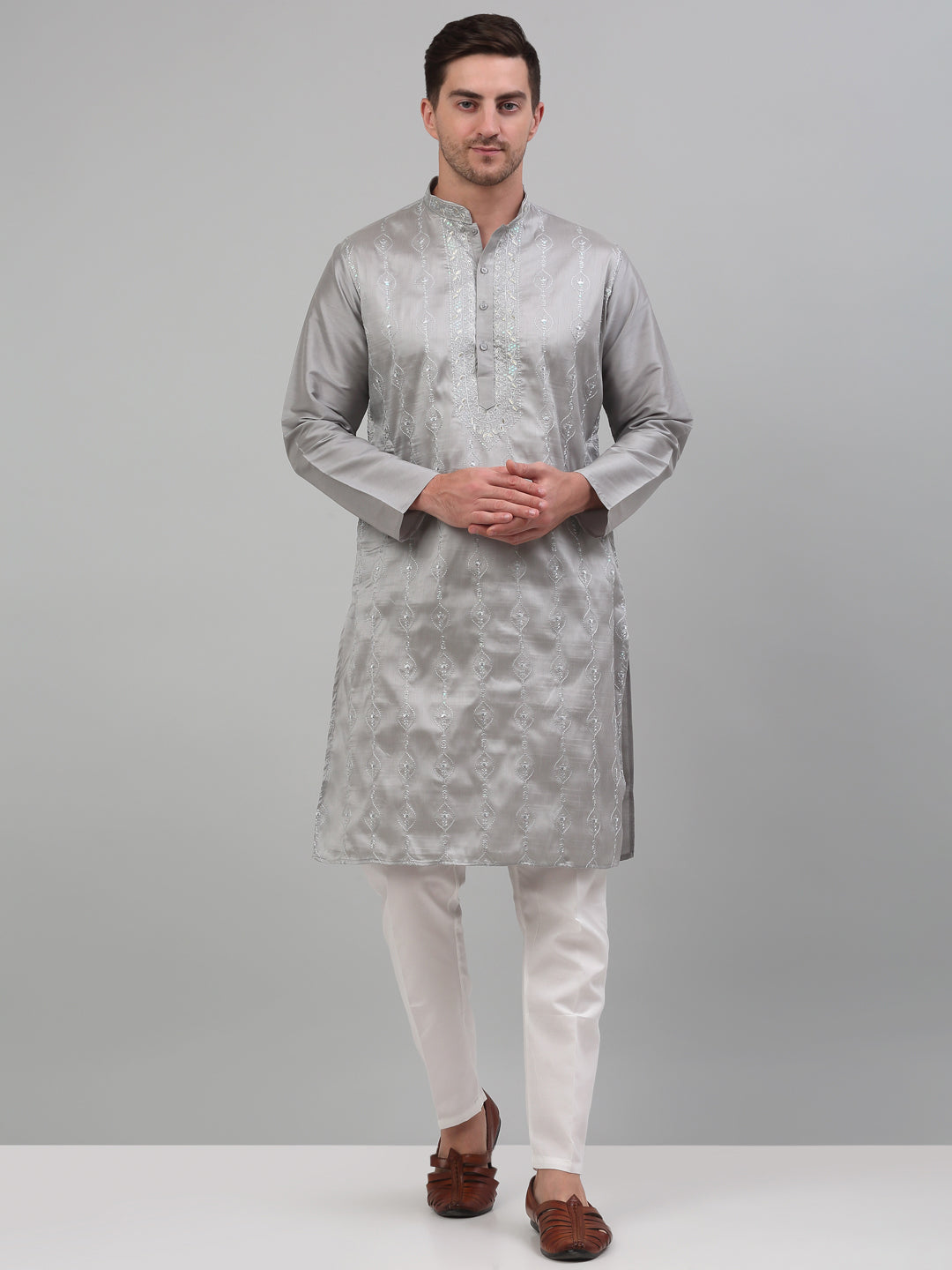 Jompers Men's Grey Embroidered Kurta with Pyjama - Distacart