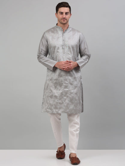 Jompers Men's Grey Embroidered Kurta with Pyjama - Distacart