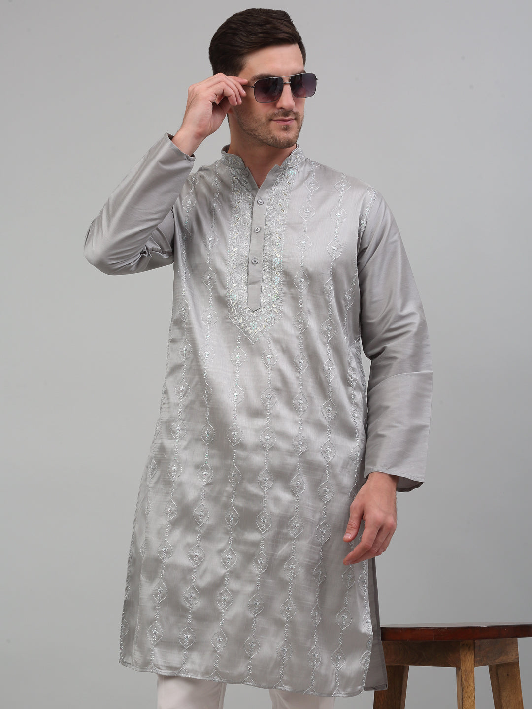 Jompers Men's Grey Embroidered Kurta with Pyjama - Distacart