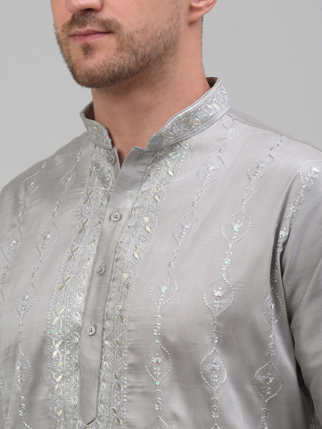 Jompers Men's Grey Embroidered Kurta with Pyjama - Distacart