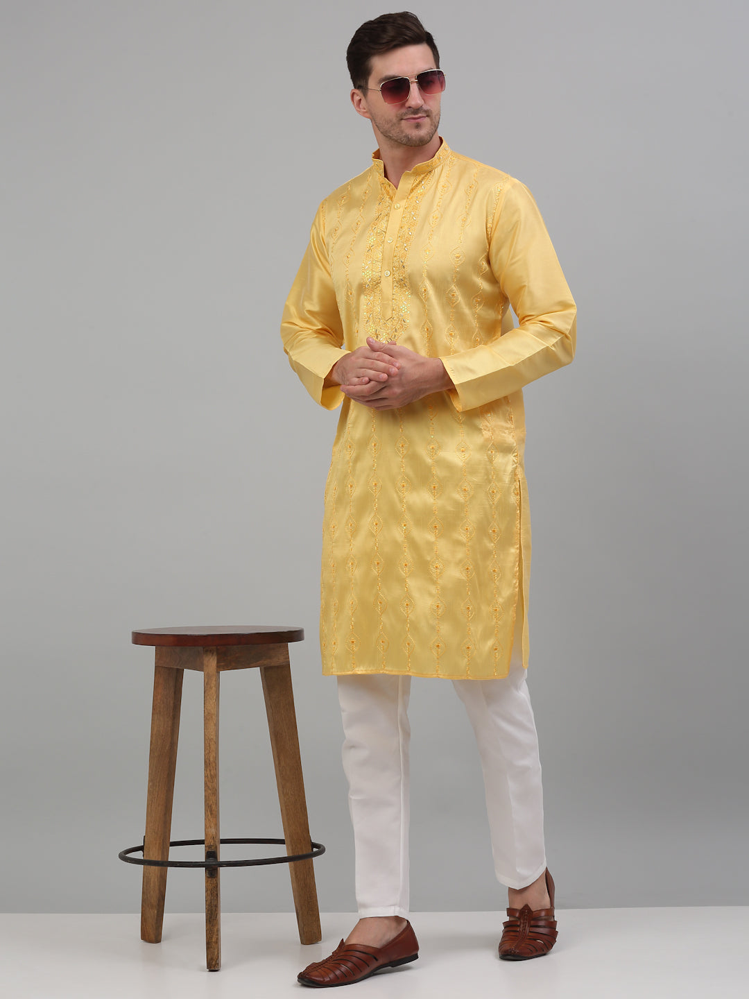 Jompers Men's Yellow Embroidered Kurta with Pyjama - Distacart