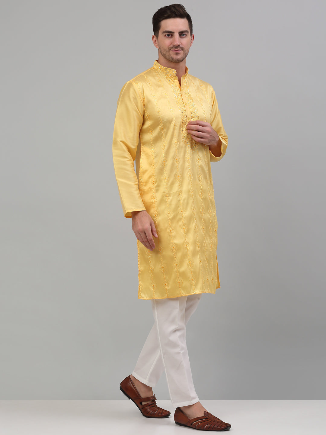 Jompers Men's Yellow Embroidered Kurta with Pyjama - Distacart