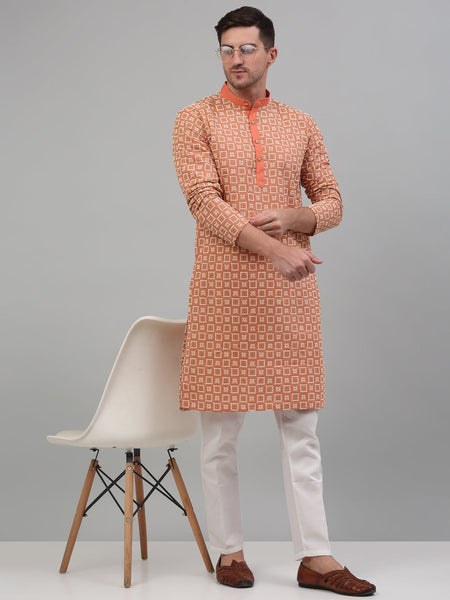 Jompers Men's Peach Embroidered Kurta with Pyjama - Distacart