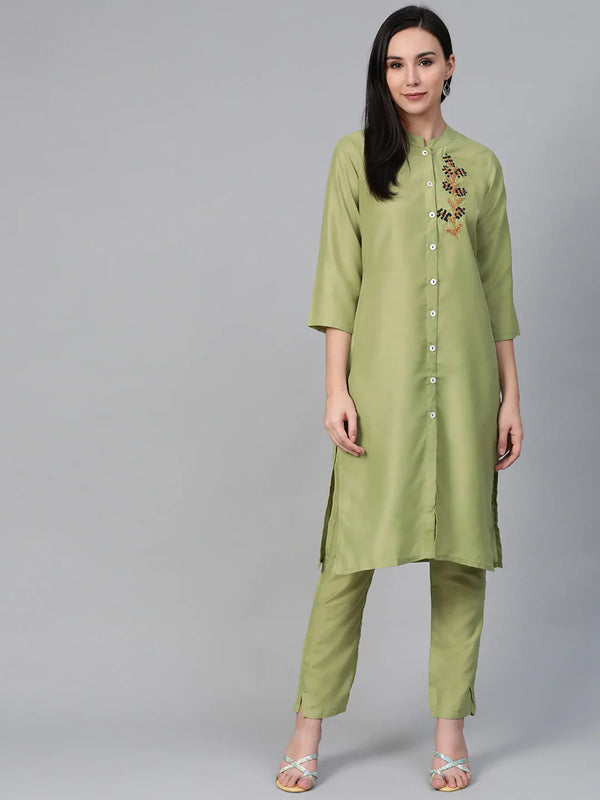 Jompers Women's Green Embroidered Detail Kurta with Trousers - Distacart