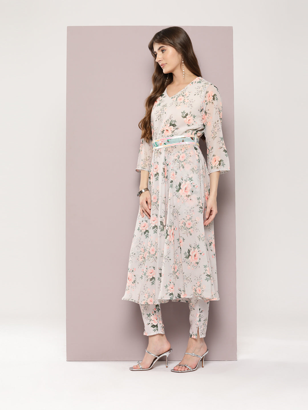 Jompers Women's Sequin Work Belt, flared Kurta with trousers and dupatta - Lime - Distacart