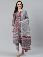 Thumbnail for Jompers Women's Grey & Magenta Block Print Pure Cotton Kurta with Trousers & Dupatta - Distacart