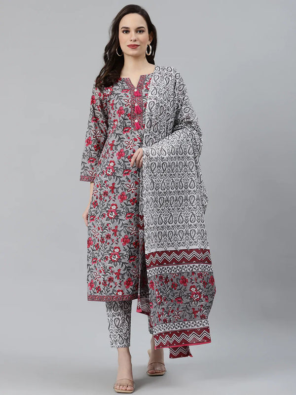 Jompers Women's Grey & Magenta Block Print Pure Cotton Kurta with Trousers & Dupatta - Distacart