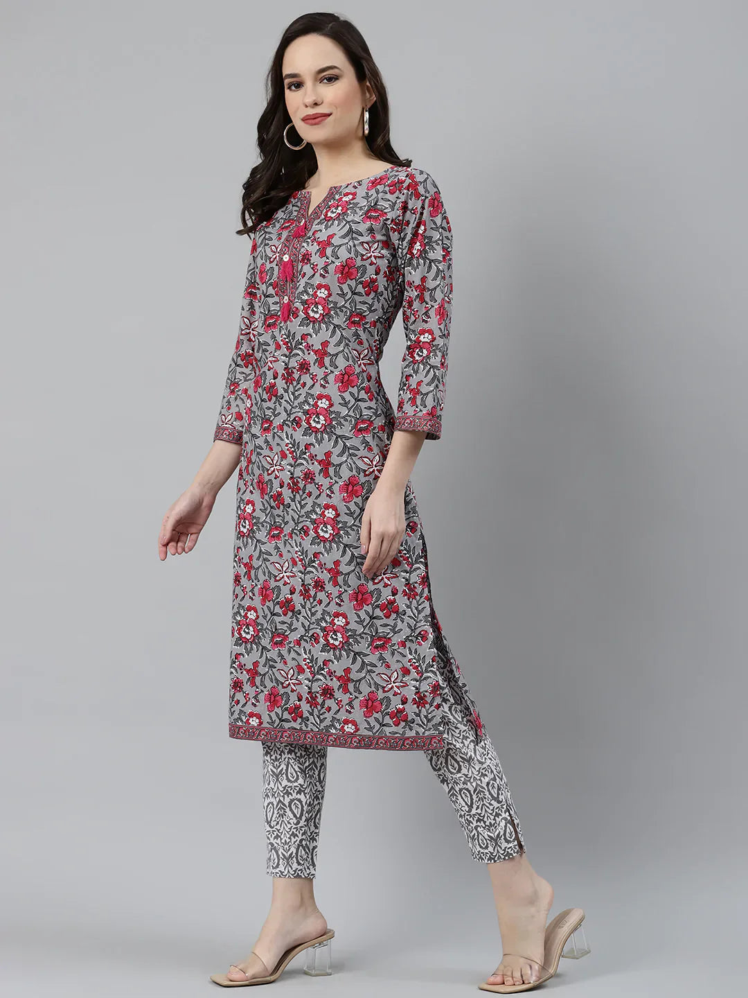 Jompers Women's Grey & Magenta Block Print Pure Cotton Kurta with Trousers & Dupatta - Distacart