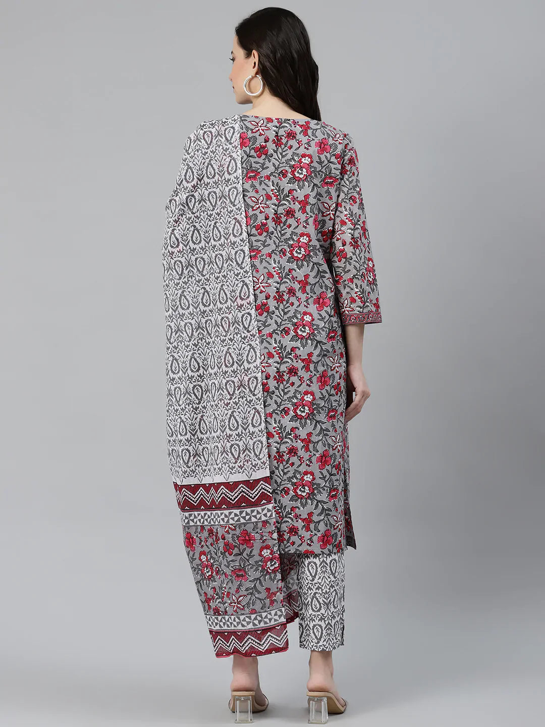 Jompers Women's Grey & Magenta Block Print Pure Cotton Kurta with Trousers & Dupatta - Distacart
