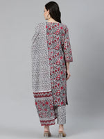 Thumbnail for Jompers Women's Grey & Magenta Block Print Pure Cotton Kurta with Trousers & Dupatta - Distacart