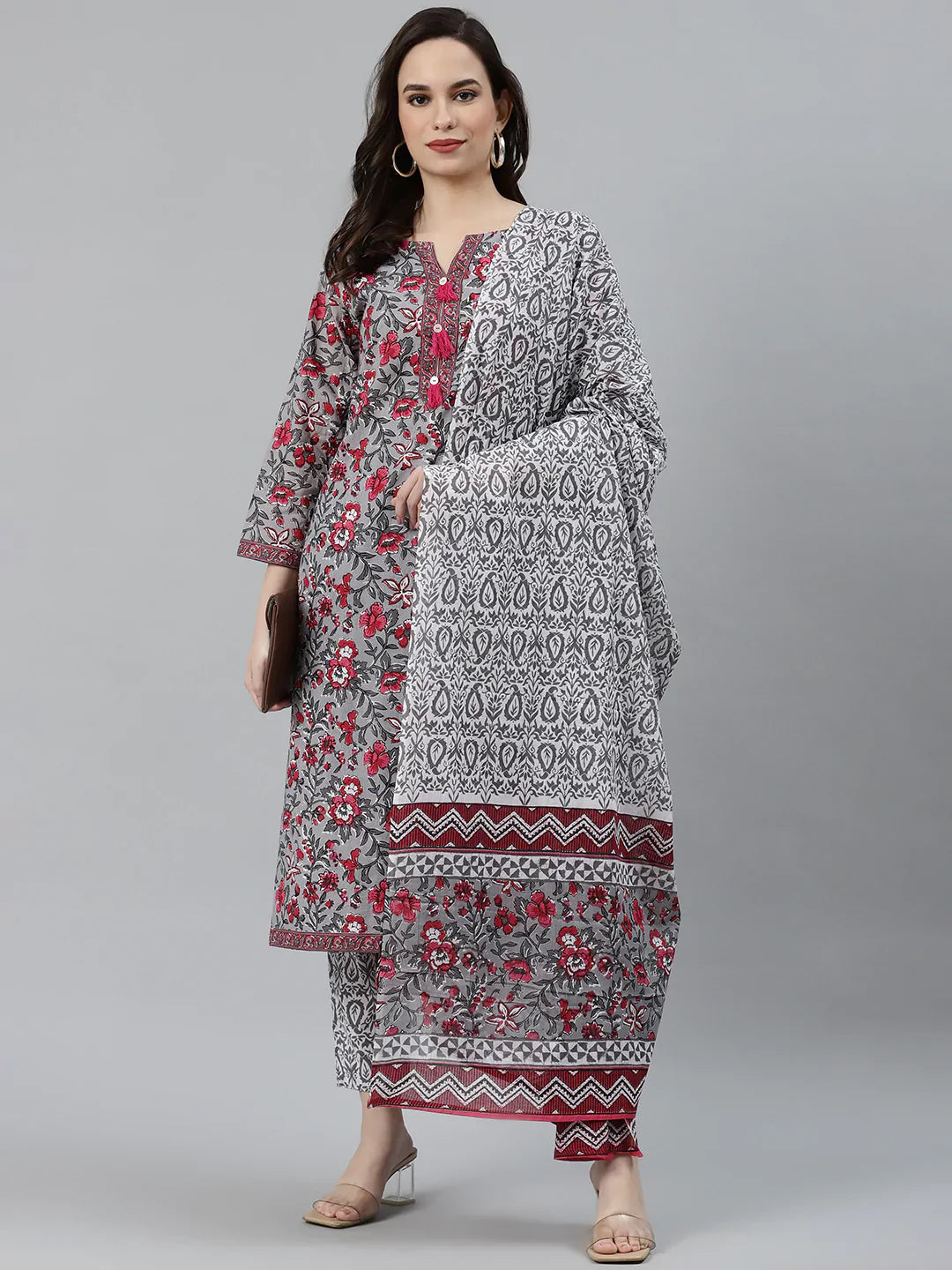 Jompers Women's Grey & Magenta Block Print Pure Cotton Kurta with Trousers & Dupatta - Distacart