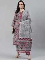 Thumbnail for Jompers Women's Grey & Magenta Block Print Pure Cotton Kurta with Trousers & Dupatta - Distacart