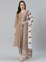 Thumbnail for Jompers Women's Beige & Pink Block Print Pure Cotton Kurta with Trousers & Dupatta - Distacart