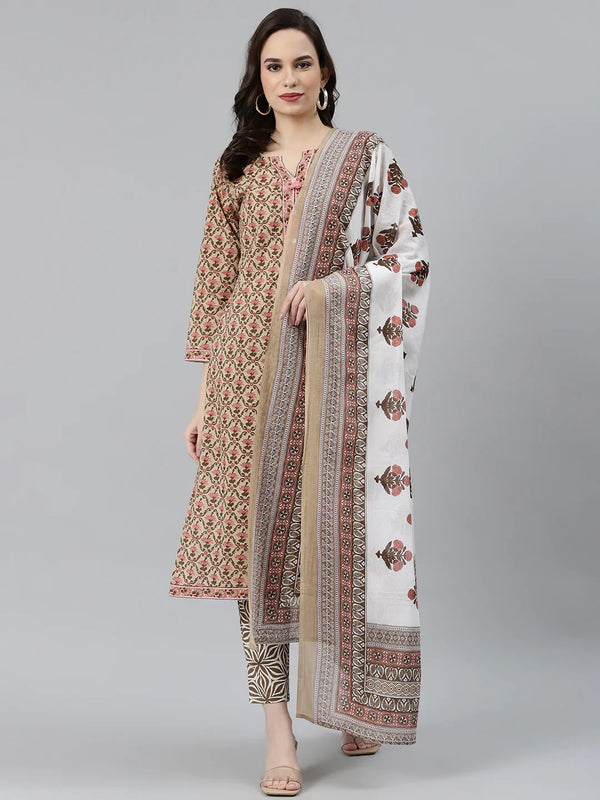 Jompers Women's Beige & Pink Block Print Pure Cotton Kurta with Trousers & Dupatta - Distacart