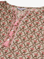 Thumbnail for Jompers Women's Beige & Pink Block Print Pure Cotton Kurta with Trousers & Dupatta - Distacart
