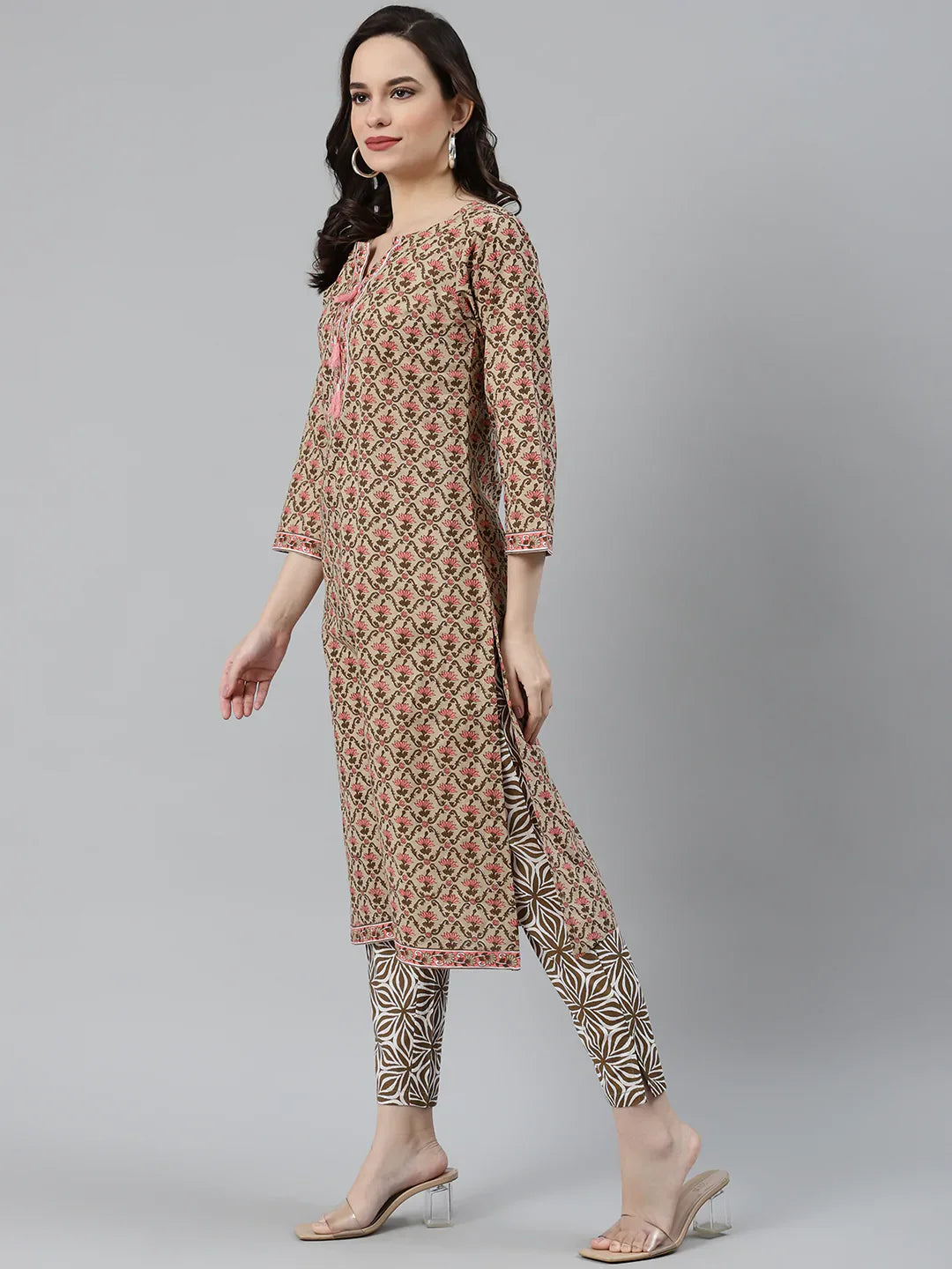 Jompers Women's Beige & Pink Block Print Pure Cotton Kurta with Trousers & Dupatta - Distacart