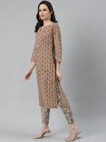 Thumbnail for Jompers Women's Beige & Pink Block Print Pure Cotton Kurta with Trousers & Dupatta - Distacart