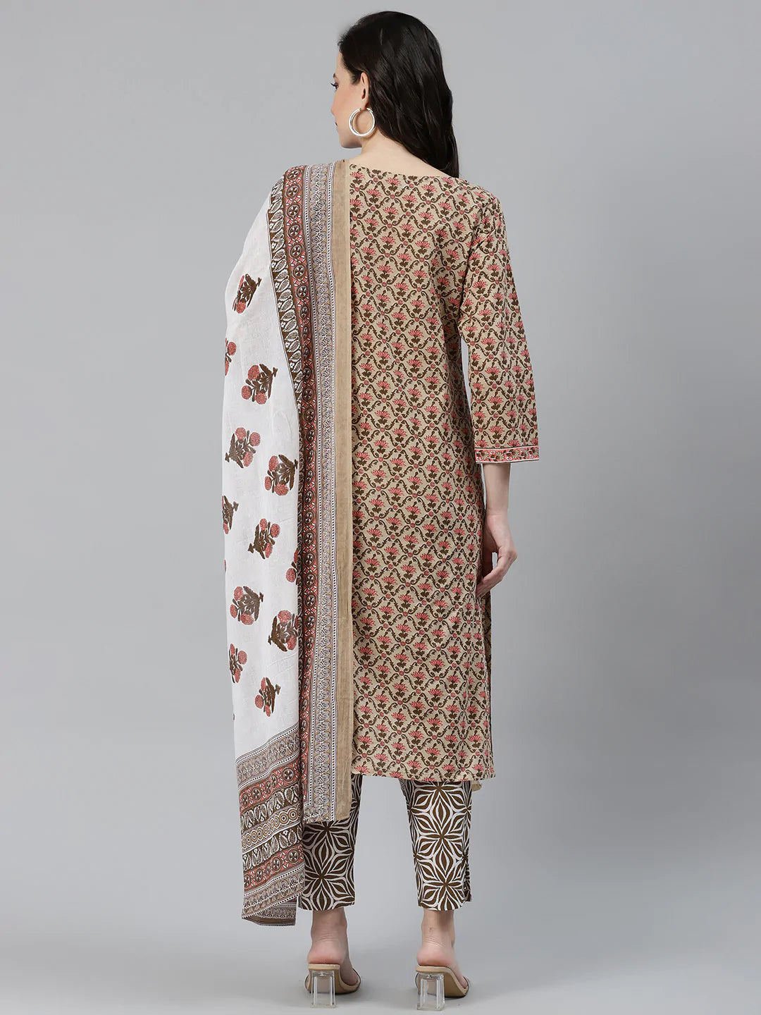 Jompers Women's Beige & Pink Block Print Pure Cotton Kurta with Trousers & Dupatta - Distacart