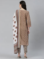 Thumbnail for Jompers Women's Beige & Pink Block Print Pure Cotton Kurta with Trousers & Dupatta - Distacart