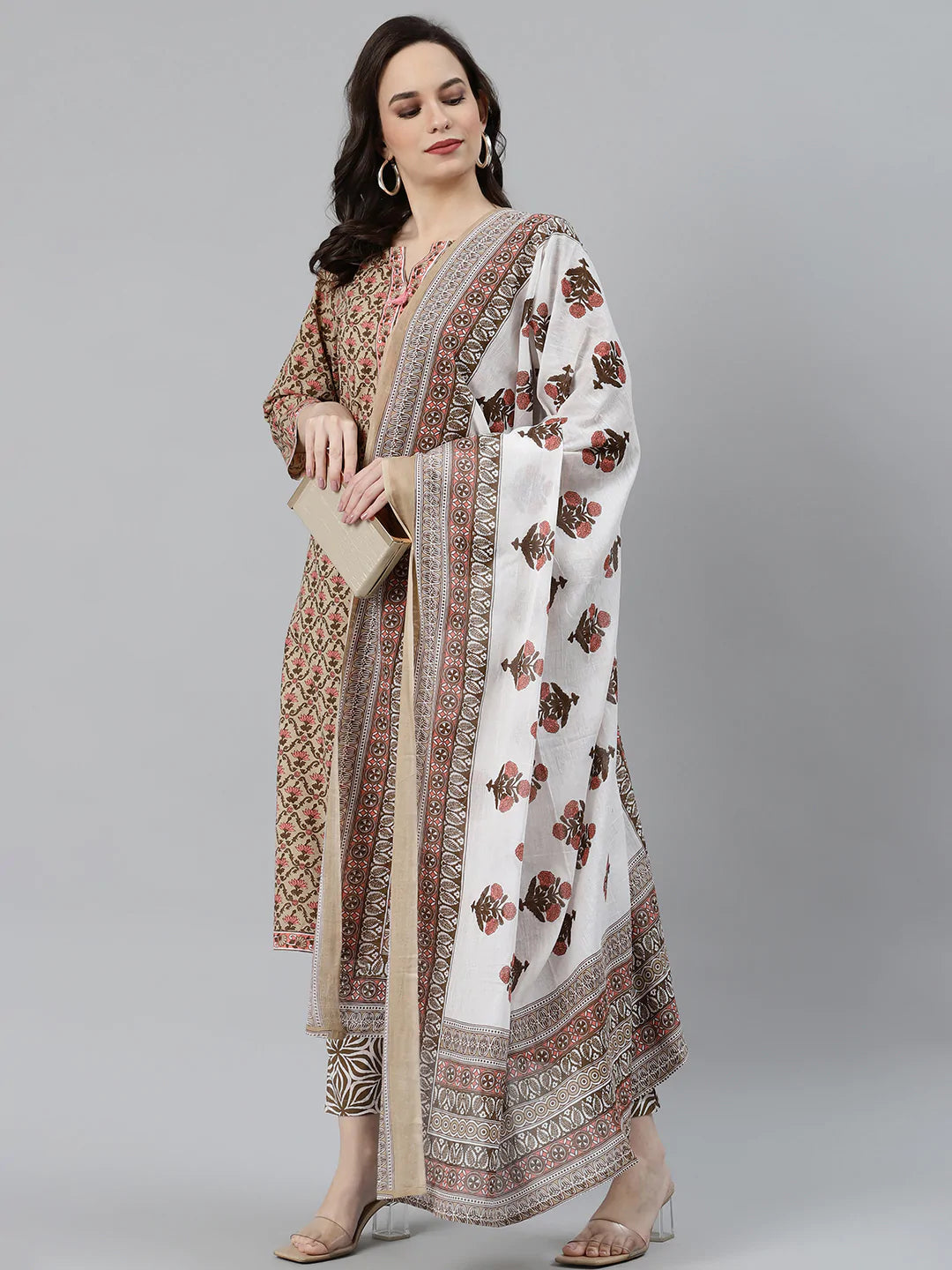 Jompers Women's Beige & Pink Block Print Pure Cotton Kurta with Trousers & Dupatta - Distacart