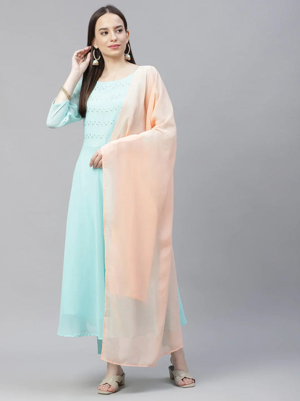Jompers Women's Turquoise Blue Embroidered Regular Sequinned Kurta with Trousers & Dupatta - Distacart