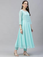 Thumbnail for Jompers Women's Turquoise Blue Embroidered Regular Sequinned Kurta with Trousers & Dupatta - Distacart