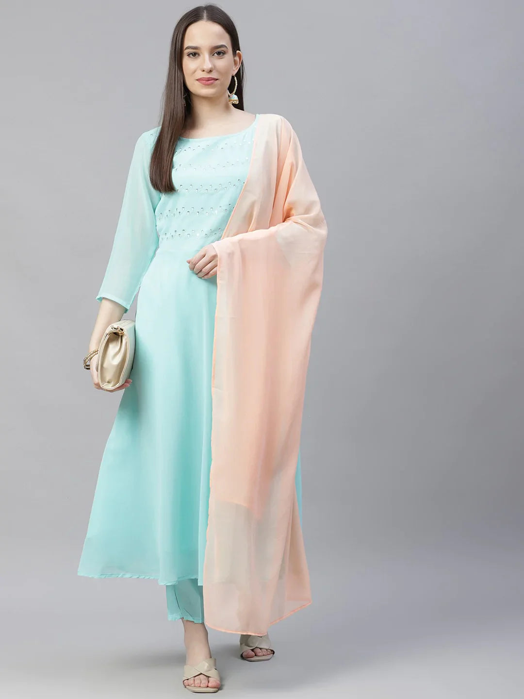 Jompers Women's Turquoise Blue Embroidered Regular Sequinned Kurta with Trousers & Dupatta - Distacart