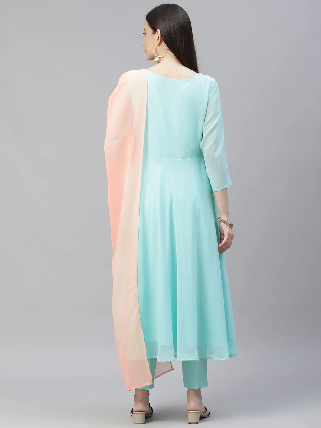 Jompers Women's Turquoise Blue Embroidered Regular Sequinned Kurta with Trousers & Dupatta - Distacart