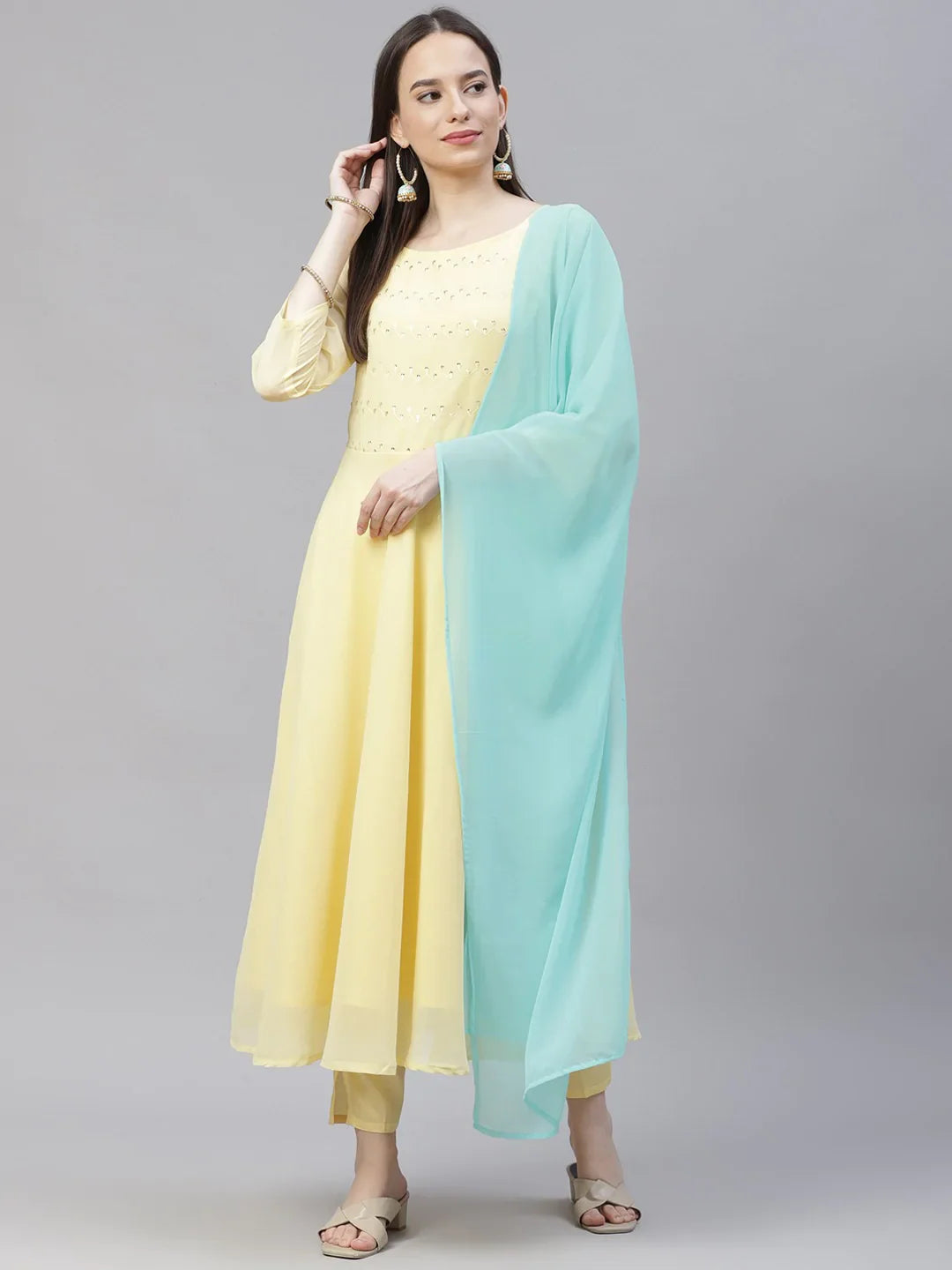 Jompers Women's Yellow Embroidered Regular Sequinned Kurta with Trousers & Dupatta - Distacart