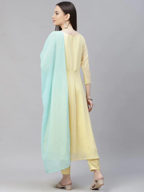 Jompers Women's Yellow Embroidered Regular Sequinned Kurta with Trousers & Dupatta - Distacart