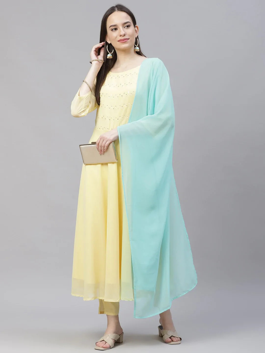 Jompers Women's Yellow Embroidered Regular Sequinned Kurta with Trousers & Dupatta - Distacart