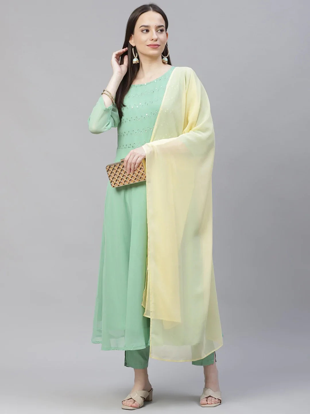 Jompers Women's Sea Green Embroidered Regular Sequinned Kurta with Trousers & Dupatta - Distacart